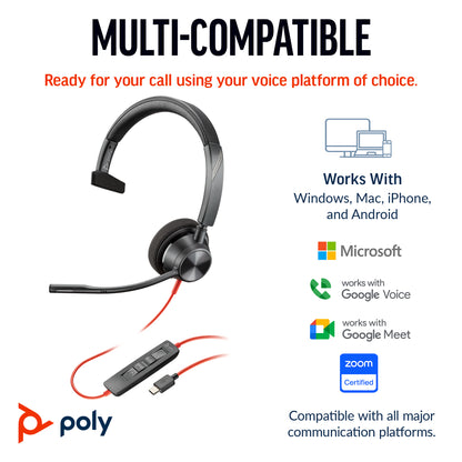 HP Inc. Poly Blackwire 3310 Monaural Microsoft Teams Certified USB-C Headset +USB-C/A Adapter