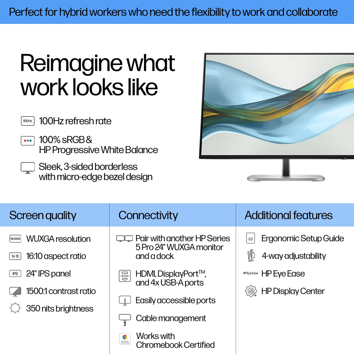 HP Inc. HP S5 Pro 524PN 24 WUXGA 16:10 1920X1200 IPS 350CD 1500:1 5MS DP HDMI 3/3/0