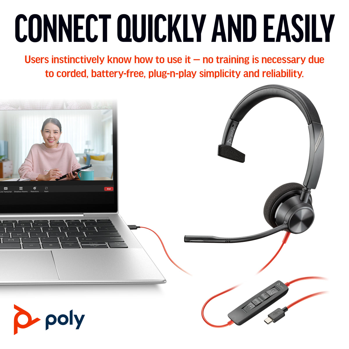 HP Inc. Poly Blackwire 3310 Monaural Microsoft Teams Certified USB-C Headset +USB-C/A Adapter